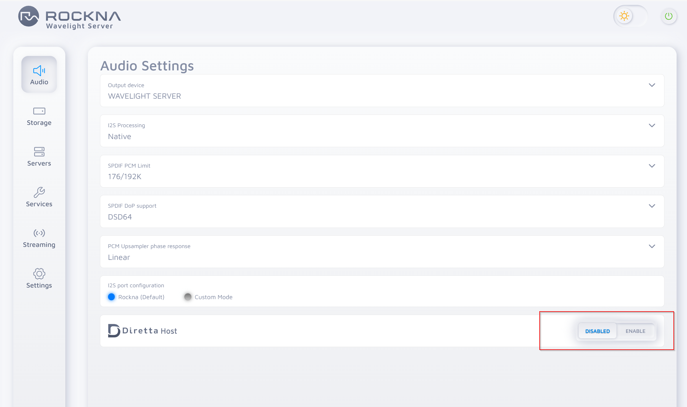 Diretta Host section in WLS Audio settings