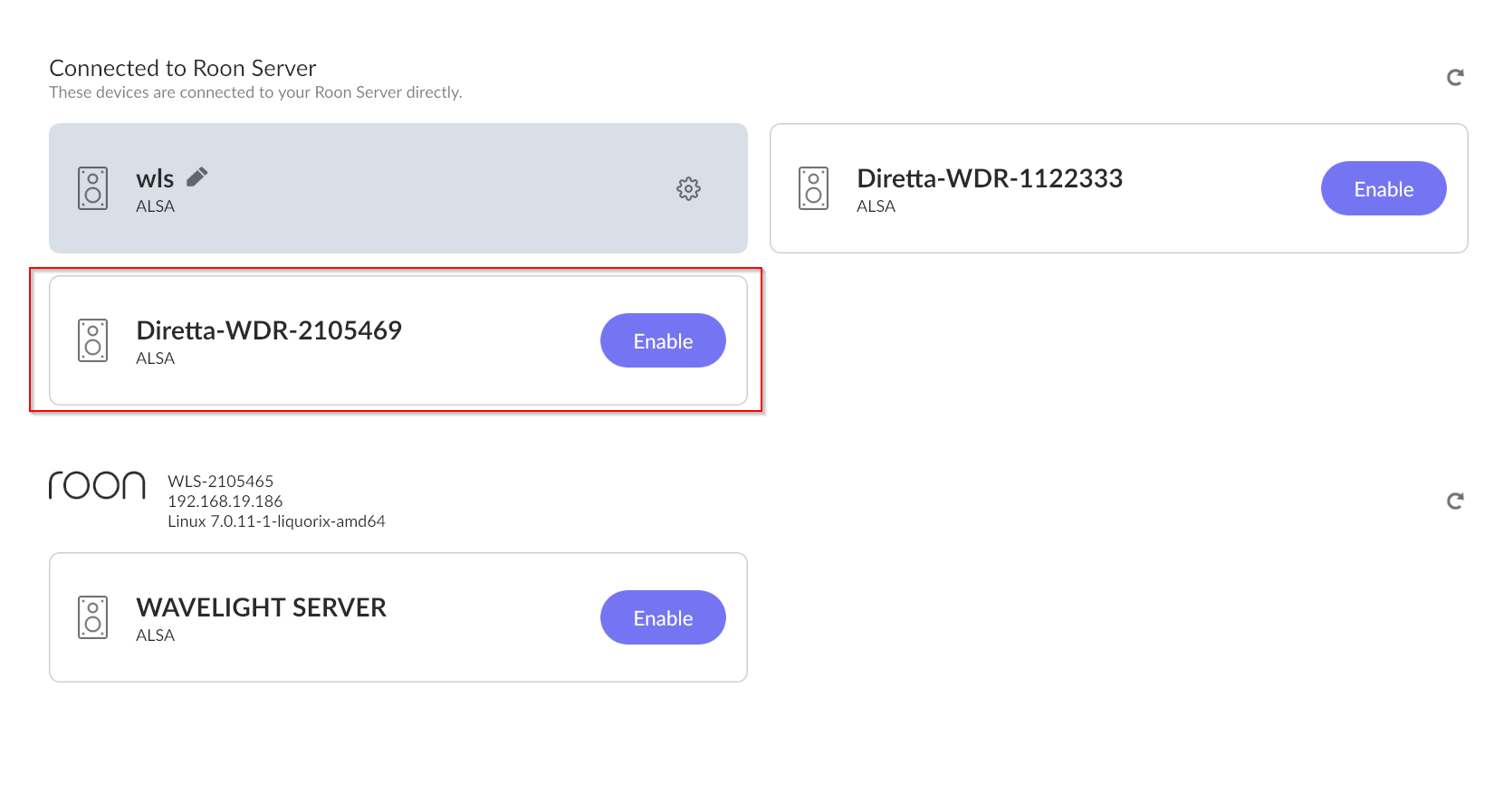 Roon audio settings showing Diretta devices to enable
