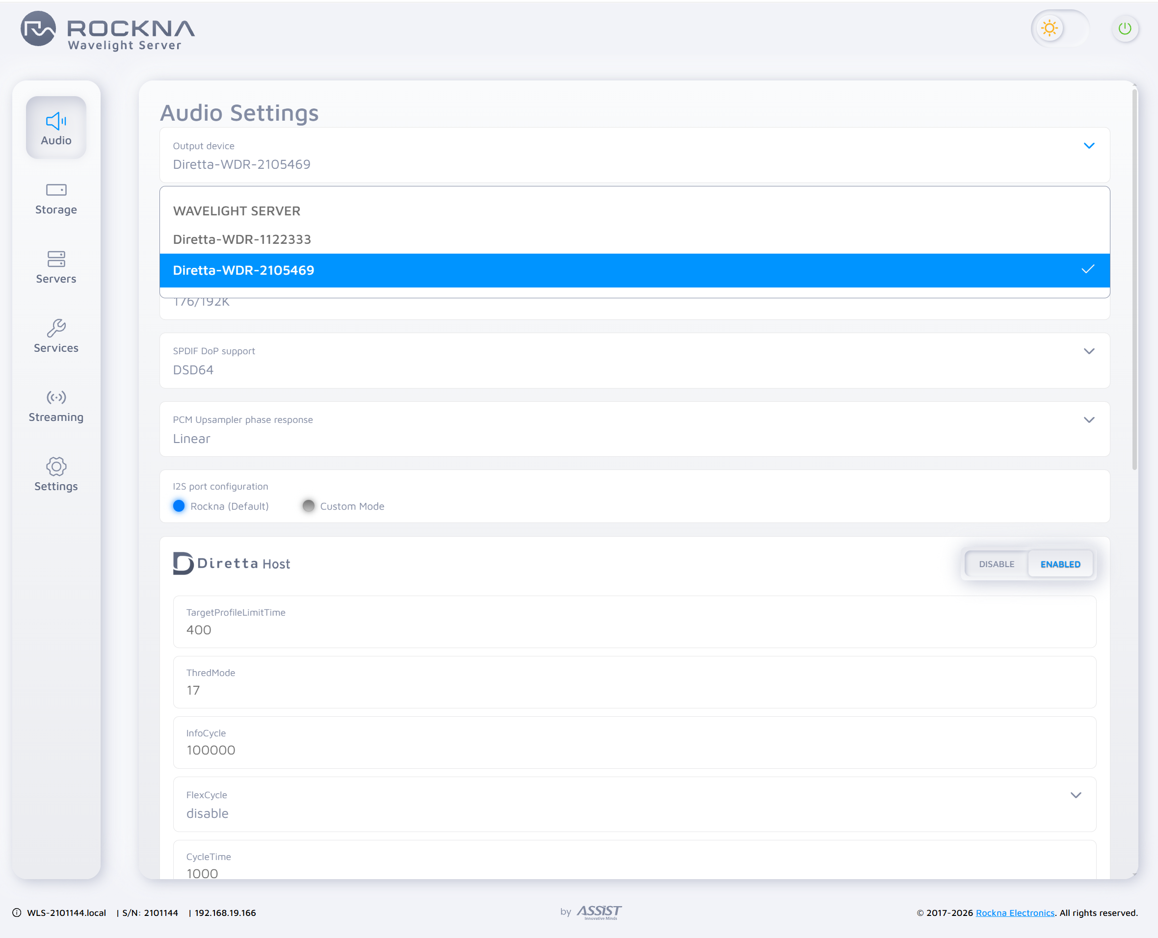 Output device dropdown listing available Diretta targets